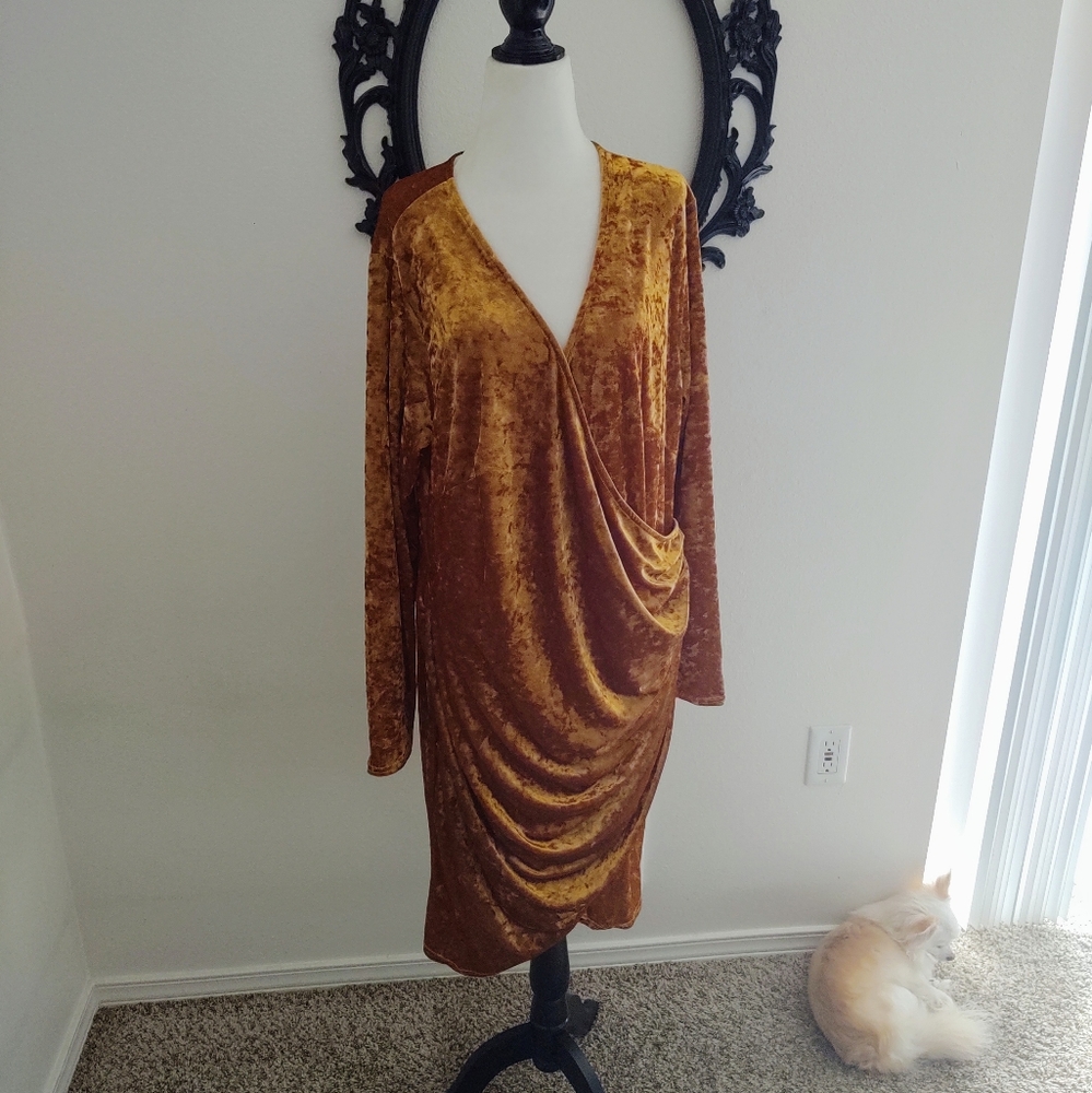 PLUS Simply Be Size 18 Gold Velvet Long Sleeve Draped Wrap Dress